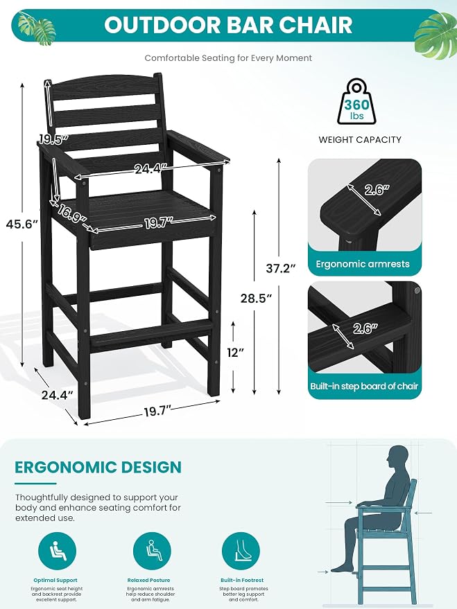 SERWALL Tall Adirondack Chairs Set of 2, Balcony Adirondack Chairs Set, Outdoor Bar Height Widened Chair Set for Bistro, Poolside, Garden, Black