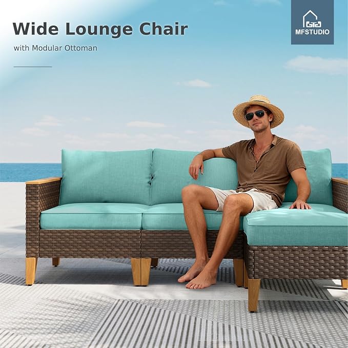 MFSTUDIO 9 Seat Wicker Patio Furniture Set, All-Weather Extra Large Rattan Patio Conversation Set, 4 x Armrest Chair, 3-Seat Sofa, 2 x Ottoman, Outdoor Sectional Sofa for Backyard(Aqua Blue Cushions)
