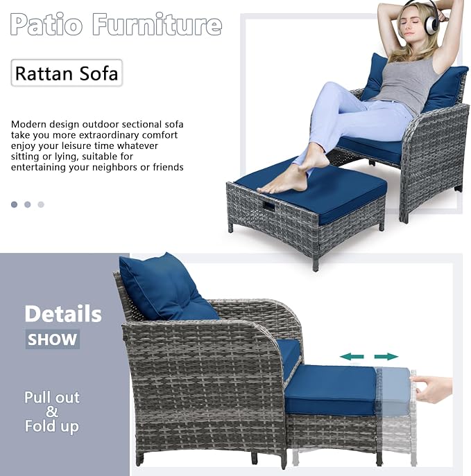 5 Pcs Outdoor Patio Chair with Ottomans, PE Wicker Rattan Patio Conversation Furniture Set, Space Saving Design Outdoor Chairs with Ottomans Set for Balcony Poolside Front Porch Deck, Blue