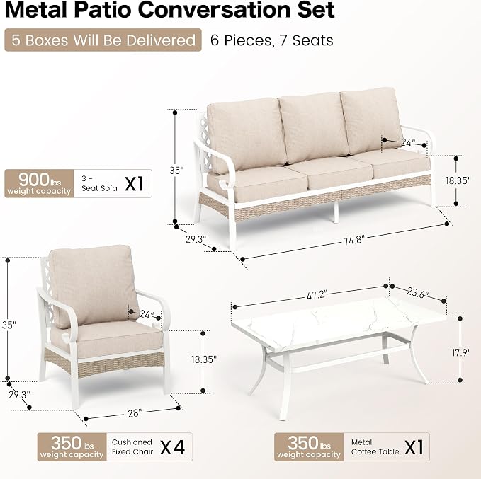 SUNSHINE VALLEY 6 Piece Metal Outdoor Patio Furniture Set, Patio Conversation Sets 1 3-seater Sofa, 4 Single Sofa with 5.75" Extra Thick Cushion and Coffee Table, White Frame Backyard Furniture, Beige