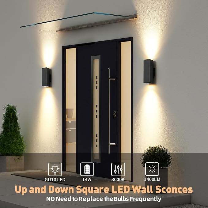 LED Outdoor Wall Sconce Lights Modern Exterior Lighting Fixtures, Matte Black Up and Down Outdoor Wall Lights for House Front Porch Garage, Warm White 3000K, 1 Pack
