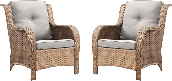 Rilyson Patio Furniture Chairs Outdoor Chair - 2 Piece Wicker Rattan Chairs Set with High Back and Deep Seating for Deck Porch Balcony Backyard Garden(Yellow/Beige)