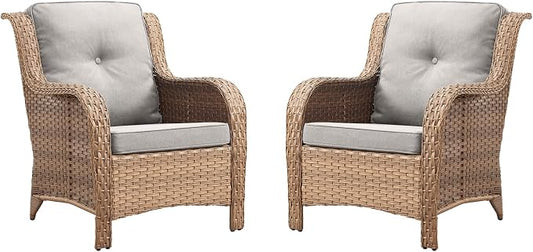 Rilyson Patio Furniture Chairs Outdoor Chair - 2 Piece Wicker Rattan Chairs Set with High Back and Deep Seating for Deck Porch Balcony Backyard Garden(Yellow/Beige)