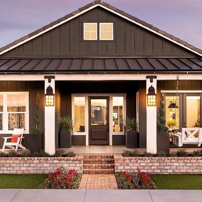 2 Pack Dusk to Dawn Outdoor Lighting Fixture, Classic Exterior Porch Light | Aluminum Frame, Water Rippled Glass, Waterproof, E26, Sensor Outdoor Hose Light, Wall Sconce For Garage, Front Door