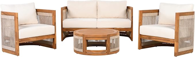 KLMM 4-Piece Patio Seating Group with 2 Chairs, Loveseat & Table,Acacia Wood Outdoor Furniture Set, Curved Tub Design with Woven Rope Accents,for Patio Balcony Garden (Teak+Beige-PP)