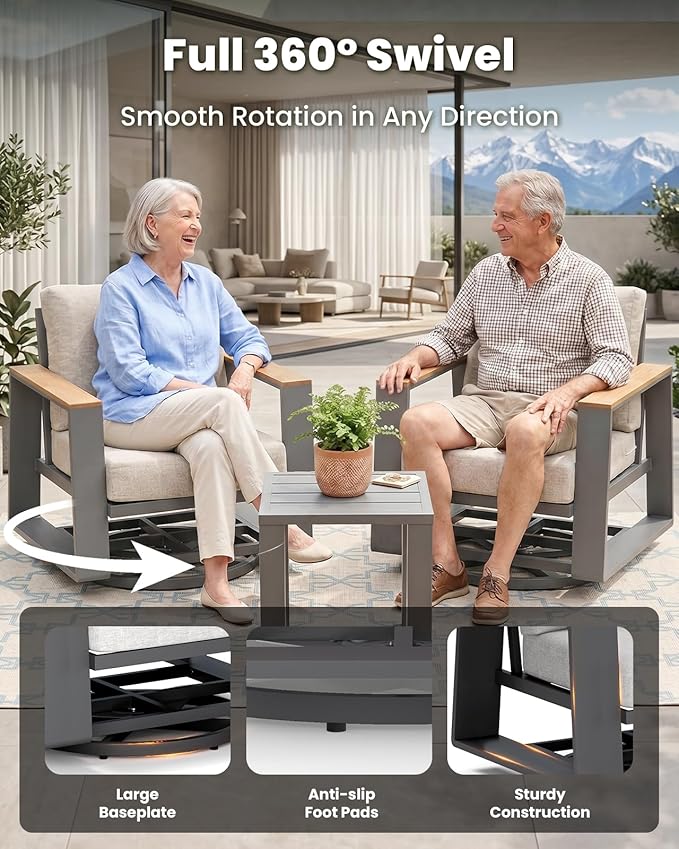 Aluminum Outdoor Patio Furniture Set, 4-Piece Patio Conversation Set with 5" Thick Cushions, Aluminum 360-Degree Large Outdoor Furntiure Set with Side Table and 3-Seat Sofa, Gray