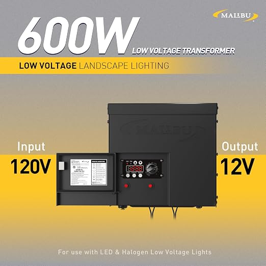 Malibu 600W Low Voltage Transformer Outdoor Landscape Lighting Transformer 120V AC to 12V AC with Sensor and Weather Shield for Garden LED Lighting, Spotlight, Pathway Light, ETL Listed