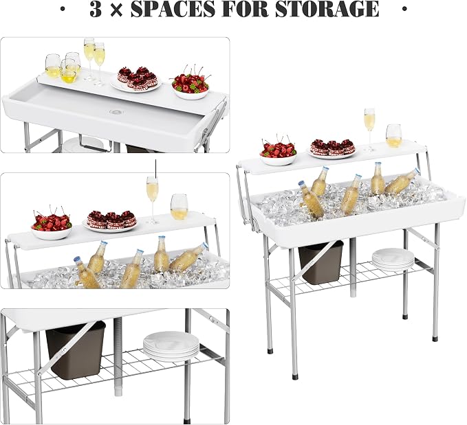 Allpop 2 Tiers Folding Ice Cooler Table with Matching Skirt, Portable Party Table with Grid Rack & Drain Hose for Patio Picnic Camping Wedding, White