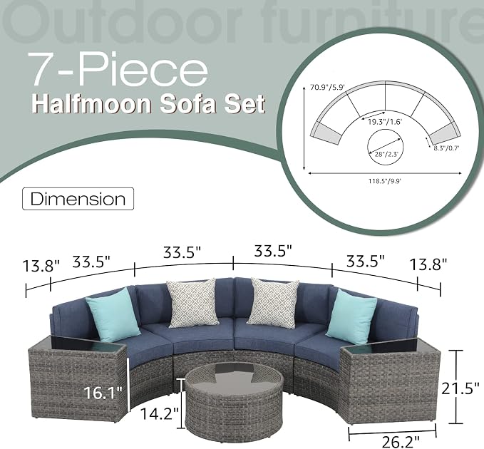 SUNSITT Outdoor 7-Piece Half-Moon Sectional Furniture Set with Round Coffee Table, Patio Curved Sofa Set, Denim Blue Cushion and Grey Wicker, Incl. Waterproof Cover