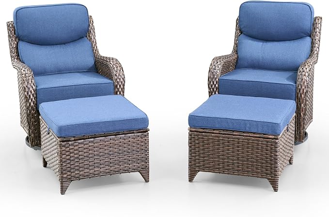 Swivel Patio Chairs sofa Set of 4 with 6" Thick Cushion - Wicker Outdoor Swivel Rocker Patio Chair with Side Table, High Back Comfortable Outdoor Glider Chairs - Brown Wicker | Blue Cushions