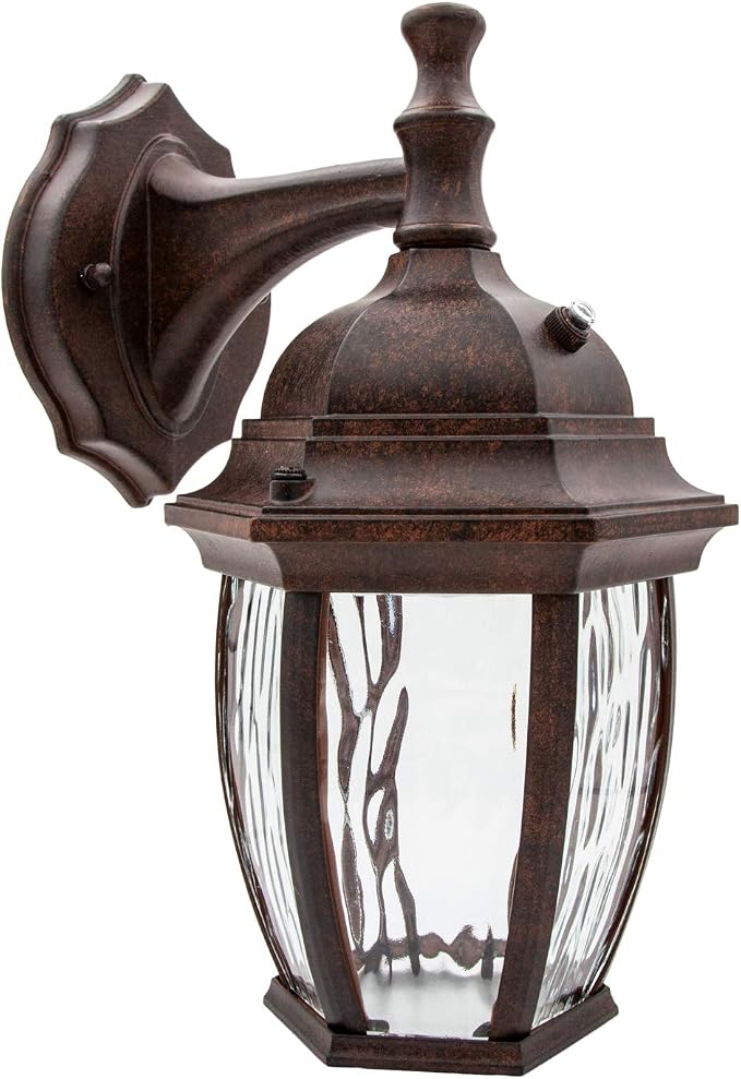 Maxxima LED Brown Outdoor Wall Light, 580 Lumens 3000K, Dusk to Dawn Sensor | Clear Water Glass, Warm White, Photocell Sensor, Exterior Patio or Porch Sconce Fixture