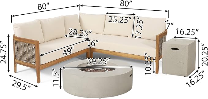 Christopher Knight Home Burchett Outdoor 5 Seater Sectional Sofa Chat Set with Fire Pit - Acacia Wood and Round Wicker - Teak/Mixed Brown/Beige/Light Gray
