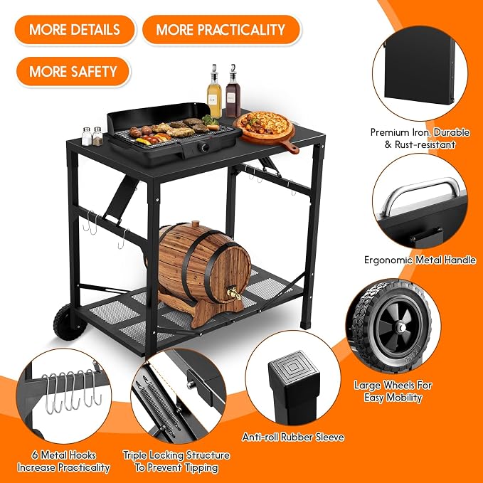 KHAMAL Grill Cart Outdoor with Wheels - Foldable Pizza Oven Stand Table, Portable Dining Cart Table for Outdoor, BBQ, Indoor, Kitchen(Black with Silver Handle)