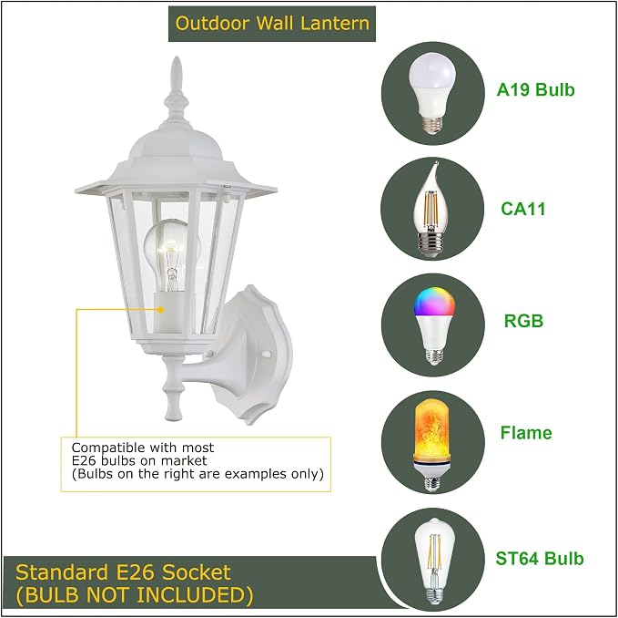 WISBEAM White Outdoor Wall Lantern, Outdoor Wall Sconce for House Porch Lighting Fixture, E26 Base 60W Max, Metal Housing Plus Glass, Wet Location Rated, ETL Qualified, Bulbs not Included