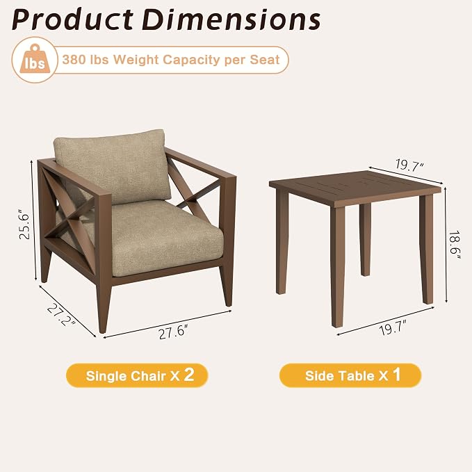 Outdoor Aluminum Patio Furniture Set, 2-Seats Patio Conversation Sofa Set with 1 Coffee Table, All Weather for Pool, Balcony, Garden-Brown
