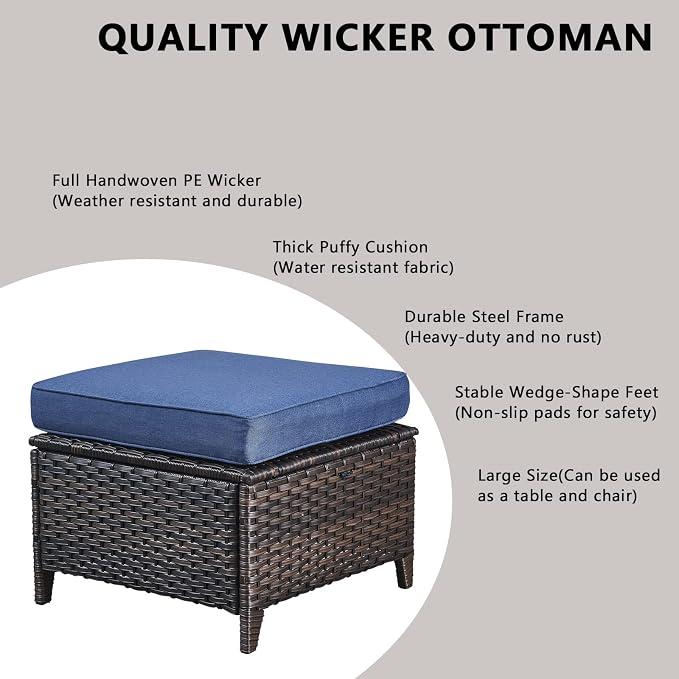 Rilyson Luxury 4 Pieces Patio Wicker Furniture Ottomans, Wicker Patio Chairs Set of 2 with Ottoman, Rattan Outdoor Porch Chair with Thick Cushion for Balcony Deck Yard and Porch (Brown/Blue)