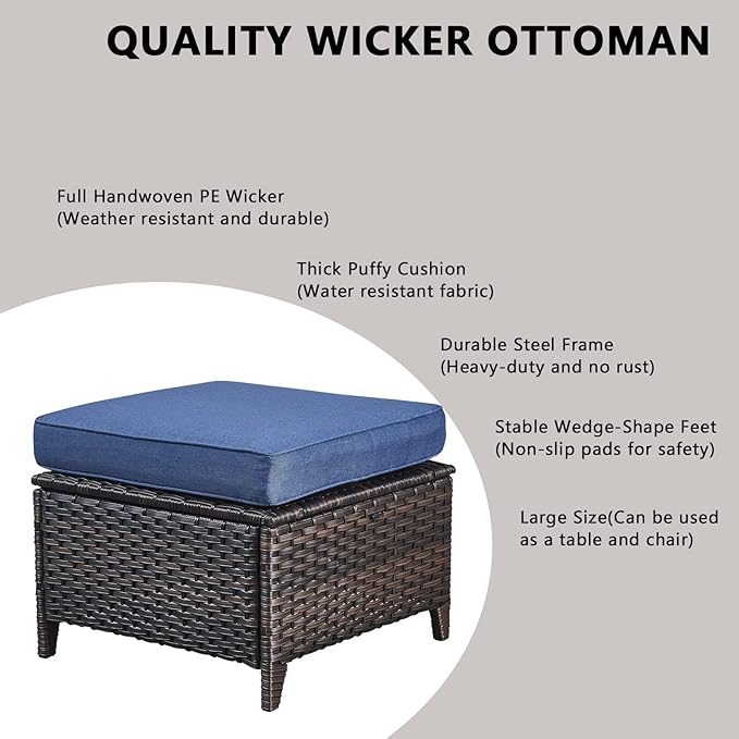 Rilyson Wicker Patio Furniture Set - 7 Piece Rattan Outdoor Sectional Conversation Sets with 1 Sofa,4 Armrest Chairs and 2 Ottomans for Porch Deck Garden(Brown/Blue)