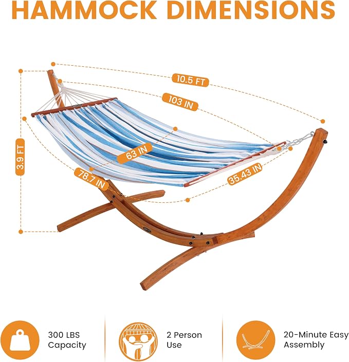 Lazy Daze Hammocks Cotton Fabric Spreader Bar Hammock and 10.5 Ft Wood Arc Hammock Stand Combo, for Indoor, Outdoor, Patio, Backyard, Blue and White