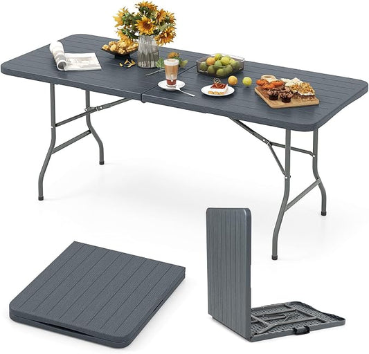 Goplus 6ft Plastic Folding Table, 350 LBS Indoor Outdoor Heavy Duty Portable Folding Tables with HDPE Tabletop, Handle, Lock, Foldable Rectangle Utility Card Table for Picnic, Party, Camping, Dining