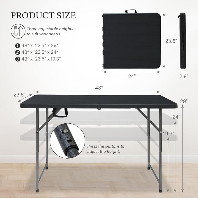 AJP Distributors 4 Foot Portable Plastic Folding Table 4FT 48" Half Foldable Heavy Duty Top w/Carry Handle - Indoor Outdoor Backyard Camping Picnic BBQ Party Wedding Dining Office Event Meeting Black