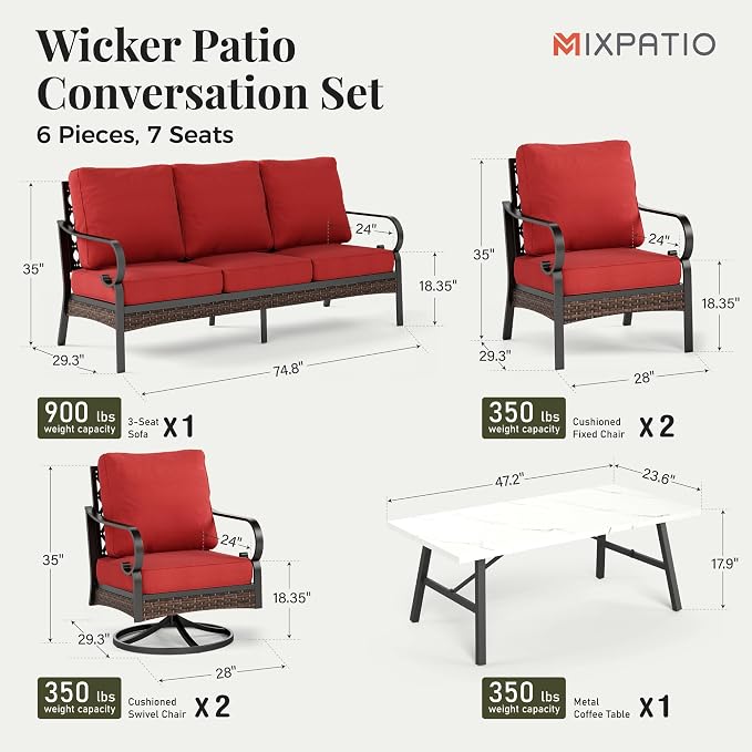 MIXPATIO Patio Furniture Set with Coffee Table, Outdoor Conversation Set with 2 x Fixed Chairs, 2 x Swivel Chairs, 1 x 3-Seat Sofa for Lawn Garden Backyard, Red