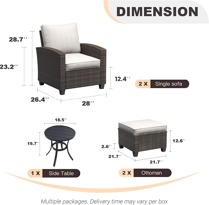 VICLLAX 5 Pieces Wicker Outdoor Furniture Set with Ottomans, PE Rattan Patio Conversation Set with 2 Single Chairs, Metal Side Table for Deck Porch Pool, Beige Cushion