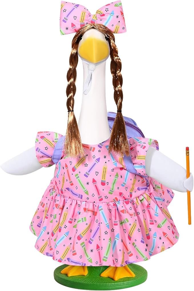 JcHrmers Back to School Goose Outfit Crayon and Pencil Goose Clothes Fits 23" Cement Plastic Geese Statue for School Classroom Outdoor Garden Yard Patio Statue Art Decor (Pink)