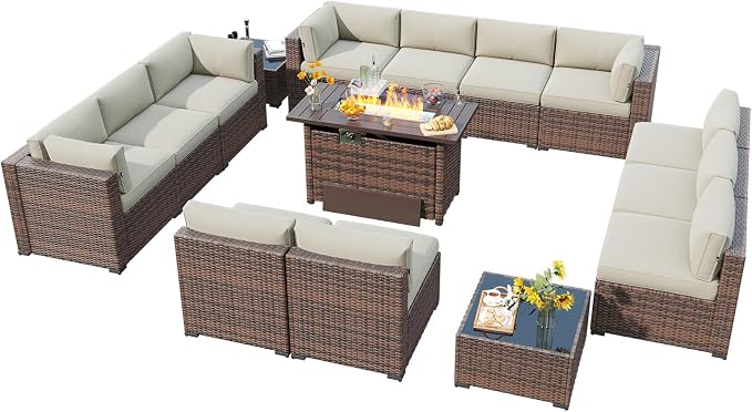 LazySunsets 15 Piece Outdoor Patio Furniture Set with 44'' Fire Pit Table, Outdoor Patio Furniture Set with 4'' Thicken Cushion, Wicker Rattan Outdoor Conversation Set for Backyard & Garden, Beige