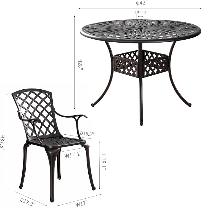 5 Pieces Outdoor Patio Dining Set, Cast Aluminium Patio Furniture Set with 4 Chairs Round Table, Anti Rust Outdoor Dining Set with 1.97" Umbrella Hole for Garden, Porch and Poolside, Bronze