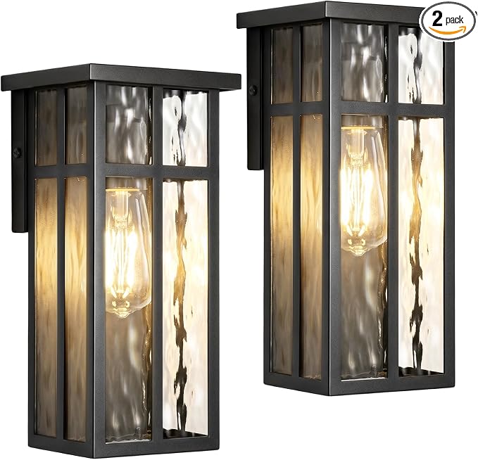 Outdoor Wall Light Fixtures, Modern Black Porch Wall Lights | Waterproof Construction & Durable Metal, Rust-Resistant, Quick & Easy Installation, Ripple Glass Shades & Standard E26 Socket