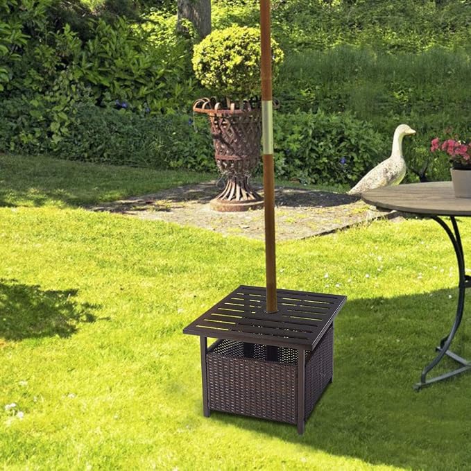 SPSUPE Brown Patio Rattan Umbrella Side Table, Steel Outdoor Furniture with Umbrella Hole, Deck Garden Pool Umbrella Side Table