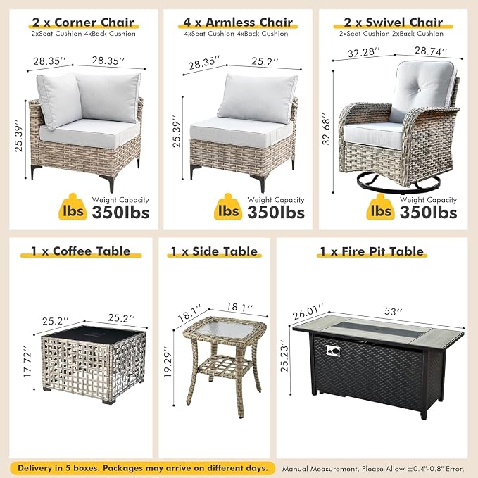 Outdoor Sectional Patio Furniture Set with Fire Pit Table and Swivel Rocking Chairs,11 Pieces Wicker Conversation Sets L Shaped Couch Out Door Sofa Outside Furniture for Garden Deck Yard,Grey