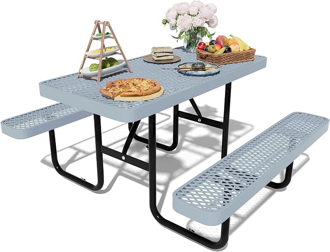 Picnic Tables for Outdoors,Commercial Metal Picnic Table Bench Set with Umbrella Hole,School Canteen Tables W/Seats - Heavy Duty Sturdy Picnic Tables Furniture for Patio Garden (Grey, 4FT)