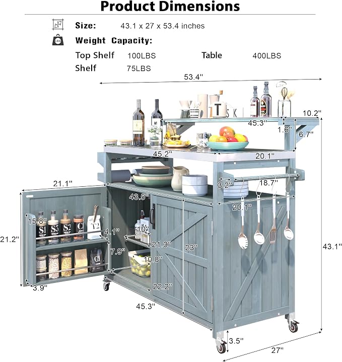 RUNNA Outdoor Kitchen Island with Raised Shelf,Solid Wood Storage Cabinet with Stainless Steel Top,Outdoor Rolling Grill Cart with Internal Storage Rack, Adjustable Shelf,Spice Rack (Grey+Blue#028)