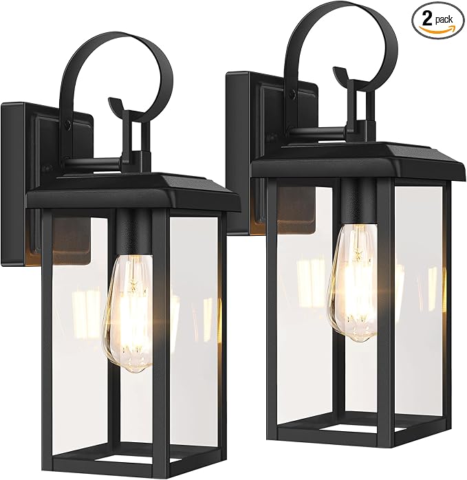 BesLowe 2-Pack 15” Outdoor Wall Light Fixtures, Black Modern Porch Sconces | Waterproof, Rust-Resistant, Durable Metal with Clear Glass, Standard E26 Socket, Easy to Install