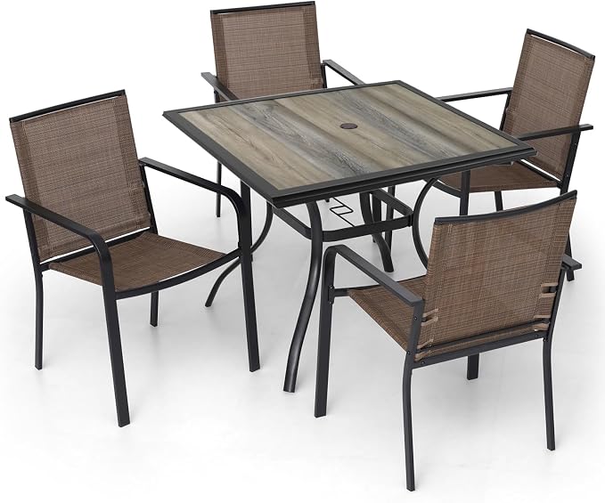 5 Piece Outdoor Patio BrownTan Stackable Chairs and 37" PVC Square Table | Stackable Chairs, Square Table, Table and Chair with Metal Frame, Pvc Table Top, All Weather, Textilene fabric Seat and Back