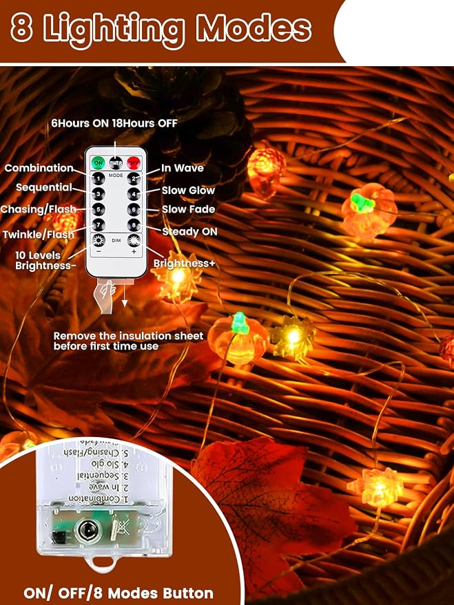 2 Pack 30 LED Fall Decorations, String Lights Battery Operated with Remote | 20FT 3D Pumpkin Acorn Maple Leaf Fairy Twinkle Lights Timer, Waterproof Outdoor Autumn Harvest, Thanksgiving, Halloween Decor