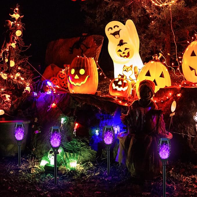 16Pack Purple Solar Halloween Lights for Halloween Decorations Outdoor | Halloween Solar Lights Outdoor with Flickering Flame, Waterproof Torches for Outside, Scary Halloween Yard Pathway Decoration