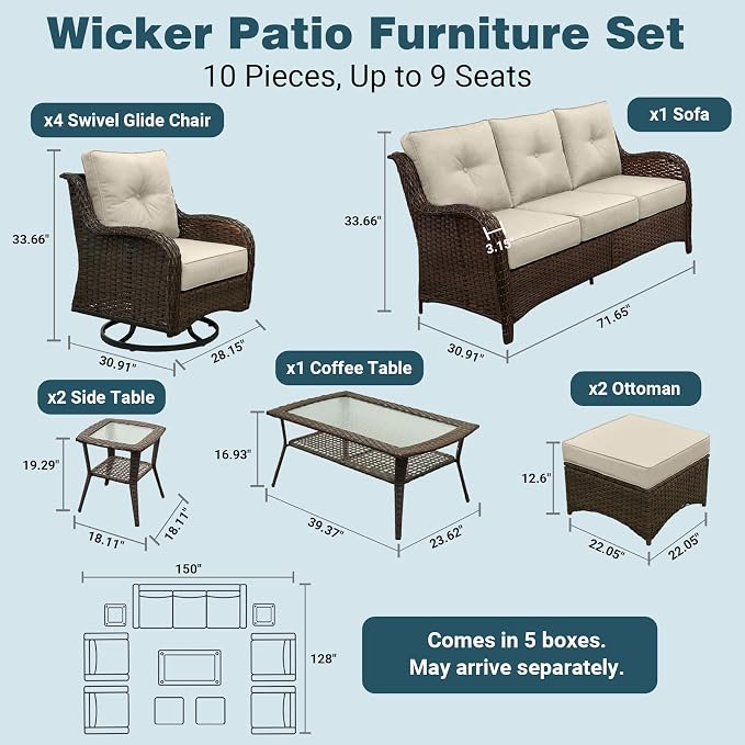 Luxury Patio Conversation Set, 10-Piece Ergonomic High Back Wicker Sofa&Swivel Chair Set with 6-Inch Deep Seating Cushions, Large Patio Furniture Set for Garden, Deck & Balcony, Beige