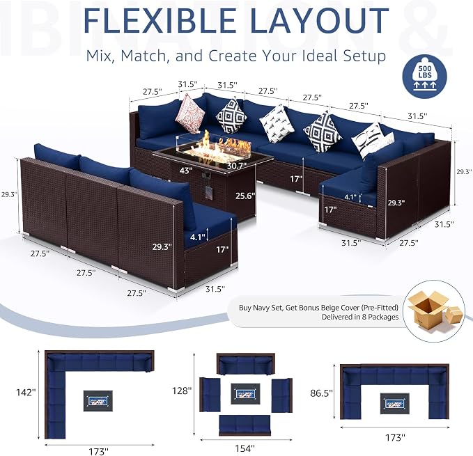 NICESOUL 11 Piece Outdoor Furniture Set with Fireplace Propane/Natural Gas, Luxury Patio Sectional 10-Person, 29.3'' High-Back Backyard Seating Area, All-Weather Rattan Couch Sofa, Brown & Blue