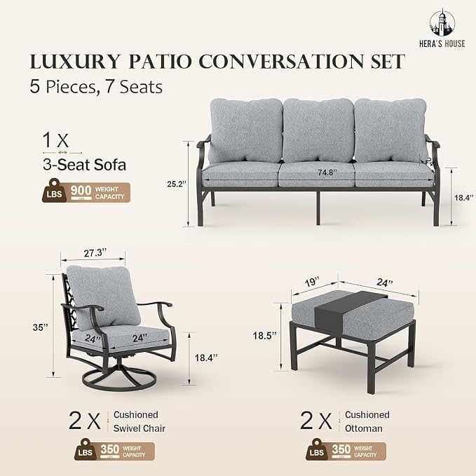 HERA'S HOUSE 5 Piece Patio Furniture Set, 2 x Swivel Chair, 2 x Ottoman, 1 x 3-Seat Sofa, All Cushioned Outdoor Conversation Set for Lawn Garden Backyard Deck, Grey