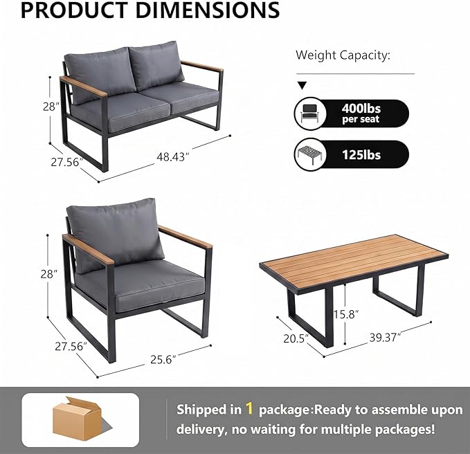 Modern Patio Furniture Set, 4 Pieces Outdoor Conversation Set | Metal Patio Furniture with 4" Washable Foam Cushions, Ships in 1 Box, Gray
