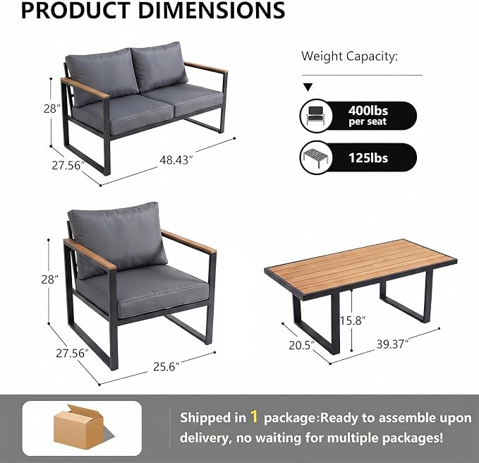 Modern Patio Furniture Set, 4 Pieces Outdoor Conversation Set with Coffee Table, Metal Patio Furniture with 4" Washable Foam Cushions, Ships in 1 Box, Gray
