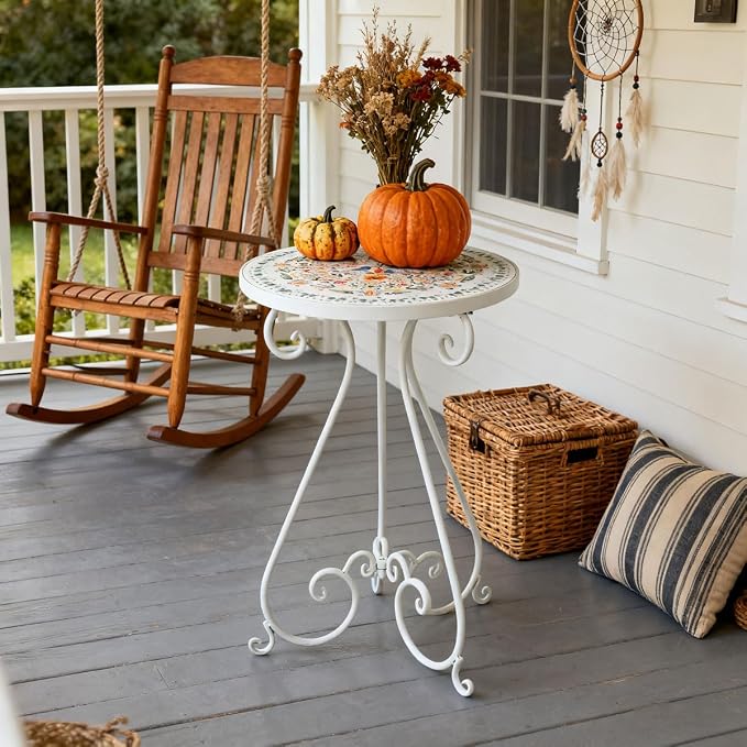 Vintage Outdoor Side Table Round Mosaic Ceramic Tile Top 14" Diameter Metal Plant Stand for Flower Pots Vase Garden Home Porch Pool Indoor Decor Weather Resistant Outside Patio Accent End Furniture