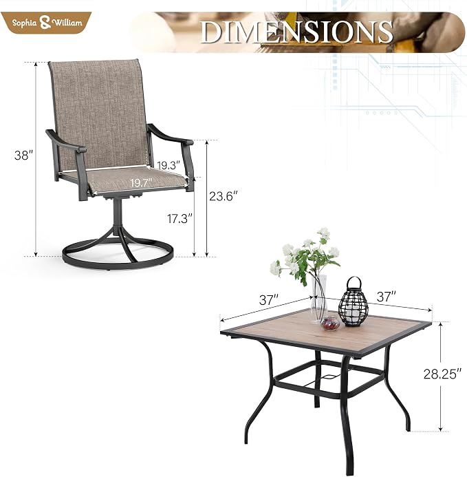 Sophia & William 5-Piece Outdoor Dining Set, 4 x Patio Swivel Chairs and 37" Wood-Like Top Square Table, All-Weather Patio Furniture for Lawn, Park, and Courtyard