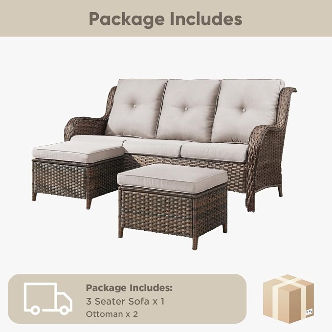 Belord 3-Piece PE Wicker Outdoor Sofa with 2 Ottomans, Luxury Patio Couch Convertible to Chaise Lounge, All-Weather High Back Deep Seat Woven Furniture for Deck, Porch - Brown/Beige