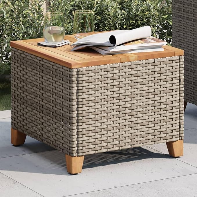 Outdoor Side Table, Square Garden Table with Synthetic Poly Rattan, Compact 17.7 x 17.7 x 14.6 Inch Patio End Table for Balcony, Terrace, and Indoor Use, Gray and Brown