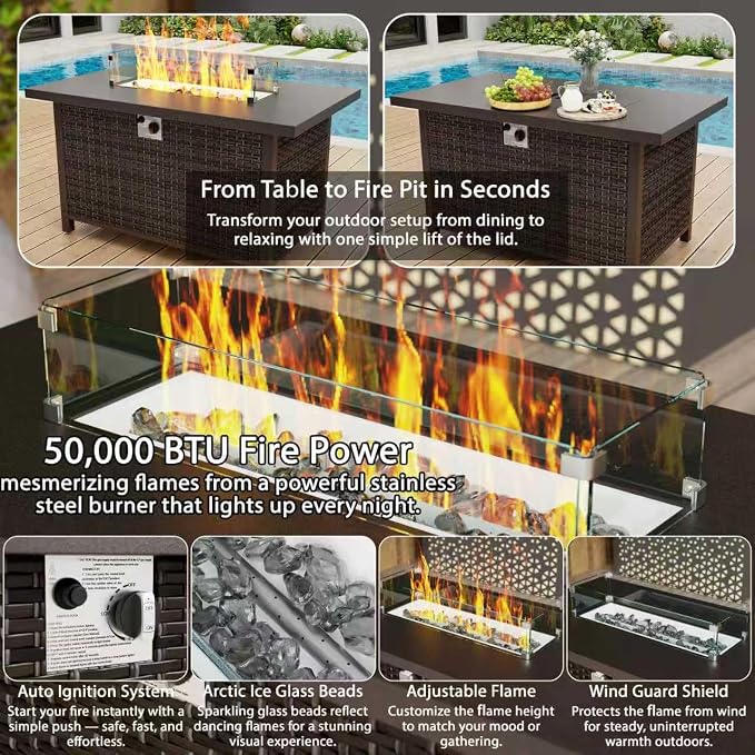 8 Piece Patio Sectional Sofa Set with 50000 BTU Fire Pit Table, All-Weather Wicker Rattan Outdoor Conversation Set, High Back, for Garden, Porch, Poolside, Blue