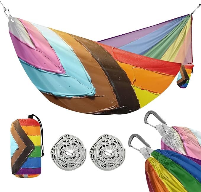 Progress Pride Flag Rainbow Flag Outdoor Hammocks with Portabl Carry Bag Backyard Hammock for Indoor Outdoor Patio