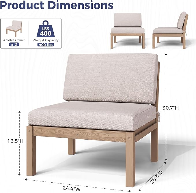 Outdoor Patio Chairs Set of 2, HIPS Modular Sectional Seatings & Thick Cushions– Side Interlock Easy to Connect, Weatherproof Patio Furniture Set for Backyard, Deck, Poolside (Teak)